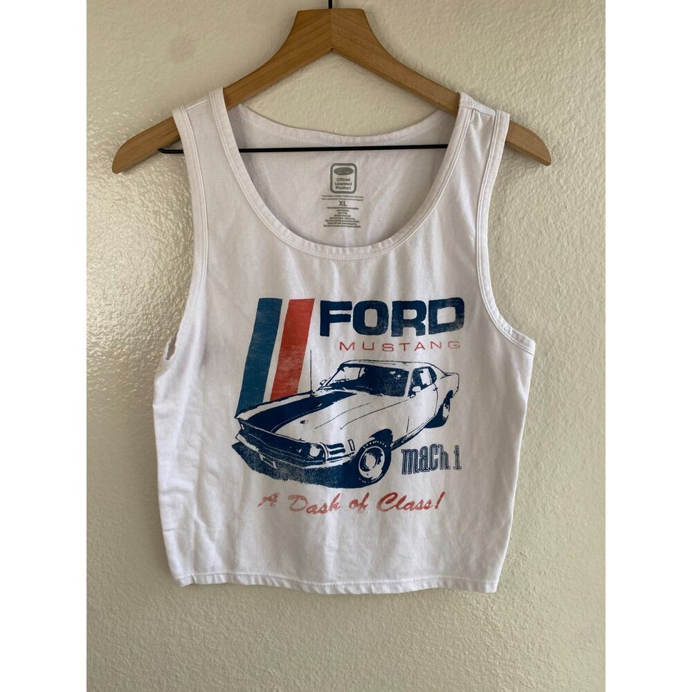 Ford Mustang Mach 1 Women's XL White Crop Tank Top Classic Muscle Car Graphic